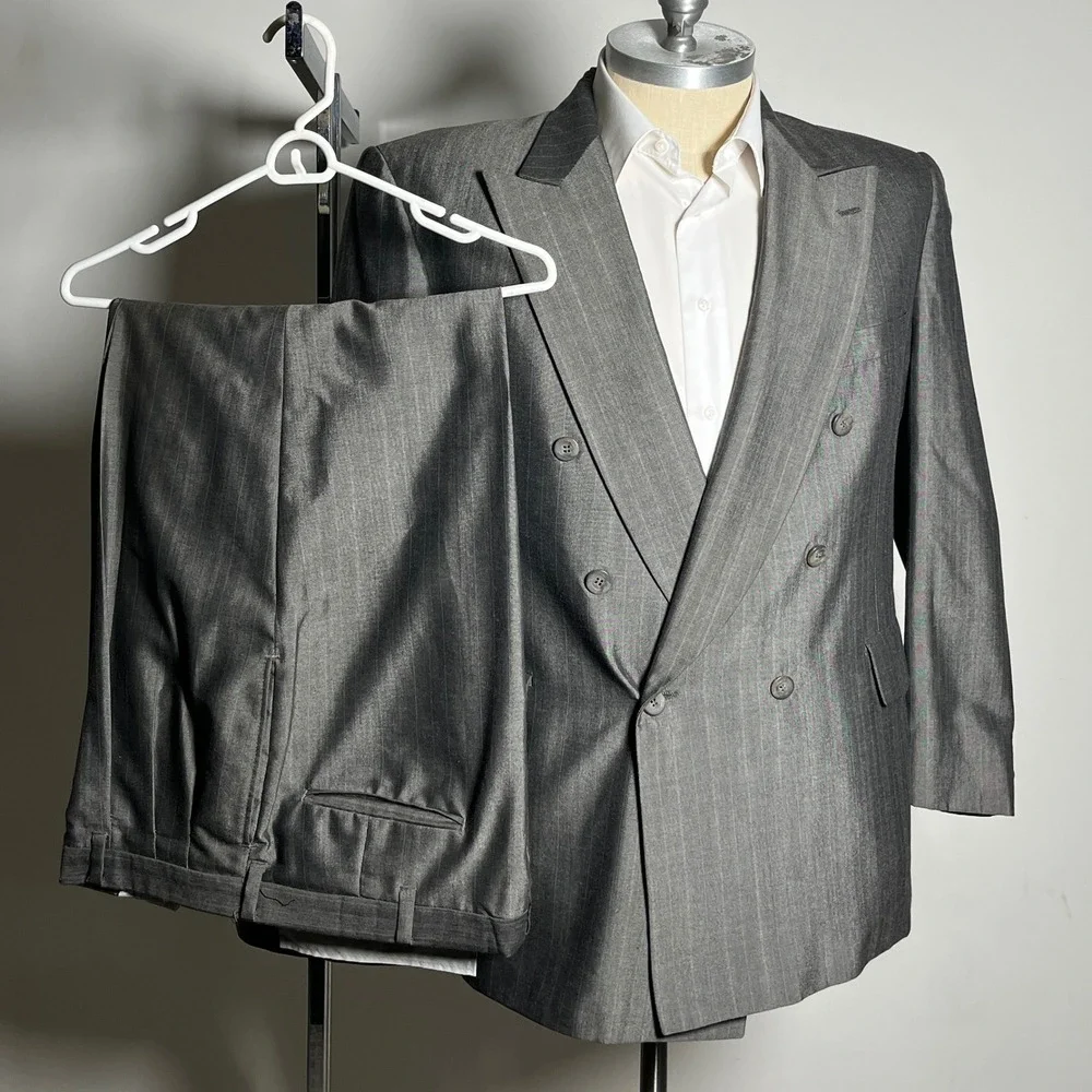 Adams Row Suit Mens 42R W37 Gray Pinstripe Double Breasted Peak Lapel Vintage